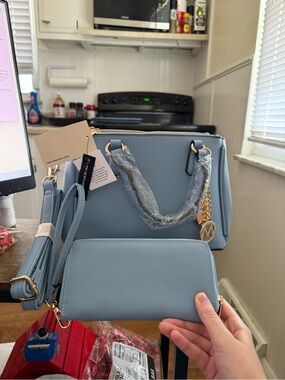 Blue Satchel Handbag with Matching Wristlet